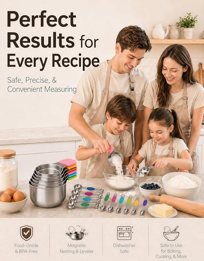 Magnetic Measuring Cups and Spoons Set304 Stainless Steel Dual Scale Set of 15, Strong N52 Magnetic Nesting Design with Leveler, for Dry&Liquid Ingredients, Dishwasher Safe(Colorful) - Image 3