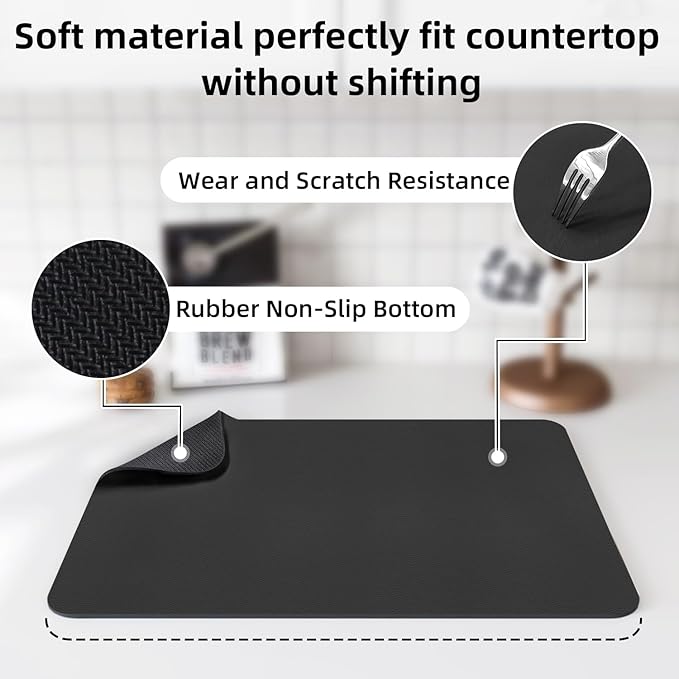 LOPNUR Kitchen Dish Drying Mat, 18"x16" Small Dish Drying Mats for Kitchen Counter, Super Absorbent Dish Drying Pad, Diatomite Coffee Mat Heat Resistant Mat with Anti-slip Rubber Backed, Black - Image 4