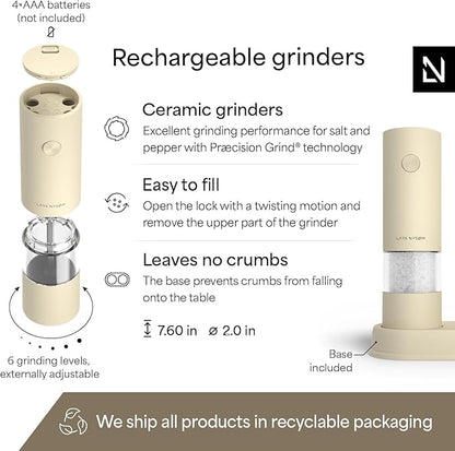 LARS NYSØM Electric Salt and Pepper Grinder Set I Automatic Salt and Pepper Mills with Adjustable Ceramic Grinder I AAA-Battery Operated Electric Spice Mill Set (Almond Beige)