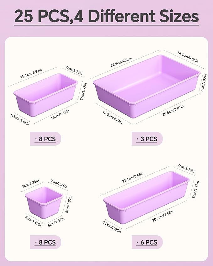 KEMETHY 25 PCS Plastic Drawer Organizers Set, 4 Sizes Vanity Organizer, Makeup and Desk Drawer Organizer Trays, Organization and Storage for Makeup, Bathroom, Kitchen Utensils and Office (Purple) - Image 2