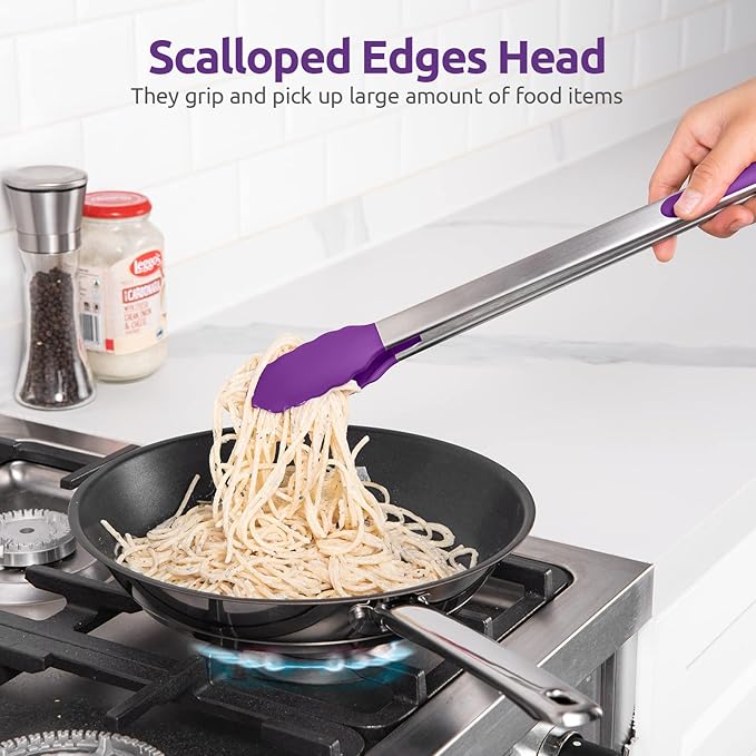 600ºF Heat Resistant Kitchen Tongs: U-Taste 16 inch Extra Long Large Silicone Cooking Tong with Sturdy Non Stick Rubber Tips & Non Slip Silicon Coated 18/8 Stainless Steel Handle for Grill BBQ(Purple) - Image 4