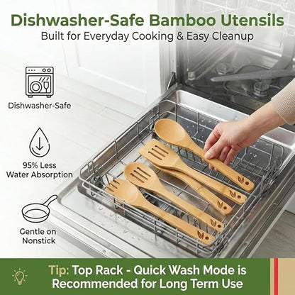 Dishwasher Safe Bamboo Wooden Spoons for Cooking 6-Piece – Kitchen Gadgets Wooden Cooking Utensils Set – Premium Kitchen Utensils Set – Easy to Clean, Perfect for Non-Stick Cookware
