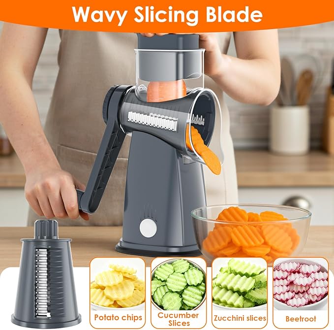 MealHelper 5 Blade Rotary Cheese Grater Hand Crank with Storage Box, Vegetable Chopper, Cheese Shredder for Cheeses, Veggies, Nuts - Easy to Use, Non-slip Suction Base, Gray - Image 6