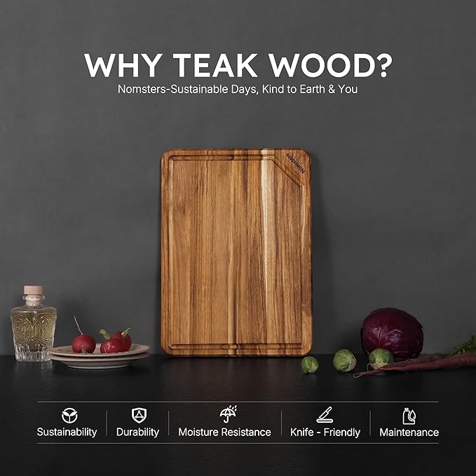 Teak Wood Cutting Board for Kitchen 13inch Charcuterie Board Serving Heavy Duty Non Toxic Slip Over Sink Solid Thick Haus Wooden Chopping Board Large Big Small Meat Best Kitchen Essential Gift - Image 3