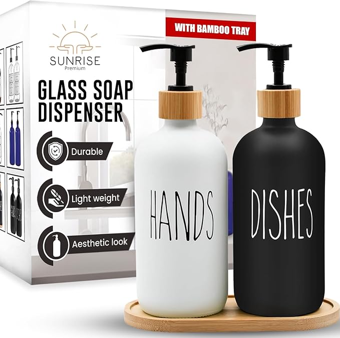 Sunrise Premium 16 OZ Thick White & Black Glass Soap Dispenser, Bamboo Pump with Tray 2 Pack, Hand and Dish Soap Dispenser Set for Bathroom with 6 Waterproof Labels by SunrisePremium