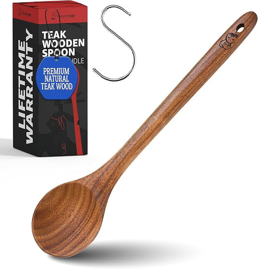 PriorityChef Extra Long Wooden Spoon for Cooking - 11" Heavy Duty Teak Long Handle Cooking Spoon - Large Wooden Spoons for Stirring & Serving - Big Wood Spoons Safe for All Cookware