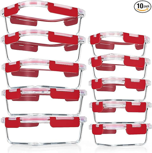 VERONES 10Pack Glass Meal Prep Containers, Airtight Glass Lunch Containers,Stackable Glass Food Storage Containers Set with Lids,Exclusive of BPA, for Microwave,Oven, Freezer&Dishwasher Friendly,Red by VERONES