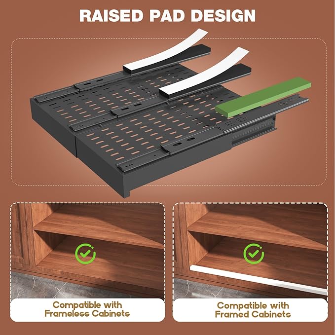 Seinloes 2 Pack Pull Out Cabinet Organizer Expandable Width(13"-21") and Depth(17"-24"),Slide Out Drawers with Raising Pad for Framed Cabinets,No Drill Roll Out Shelves for Kitchen,Bathroom,Black - Image 2