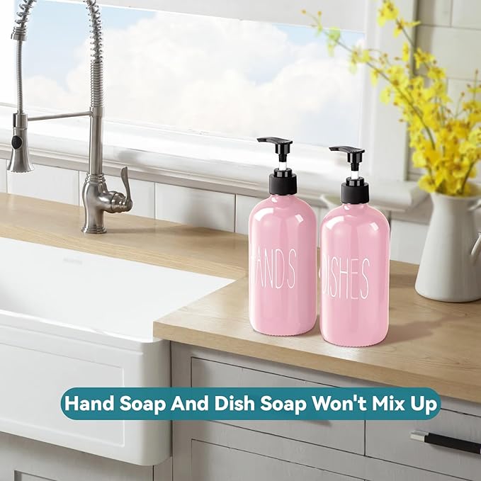 COHOSEGE Glass Soap Dispenser Set 2 Pack,16 Oz Dish Soap Dispenser for Kitchen Sink,Pink Kitchen Accessories and Kitchen Decor,Pink Decorations and Kitchen Utensils for Kitchen - Image 5