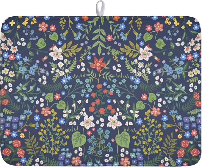 Flower Floral Dish Drying Mat 18x24 inch Microfiber Navy Blue Drying Mats with Hanging Loop Absorbent Green Leaves Dish Drainer Mat Reversible Flowers Drying Pad for Kitchen Counter Sink by Giwawa