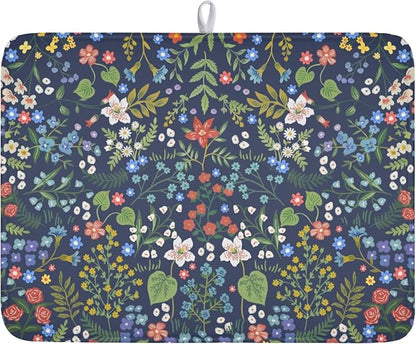 Flower Floral Dish Drying Mat 18x24 inch Microfiber Navy Blue Drying Mats with Hanging Loop Absorbent Green Leaves Dish Drainer Mat Reversible Flowers Drying Pad for Kitchen Counter Sink by Giwawa