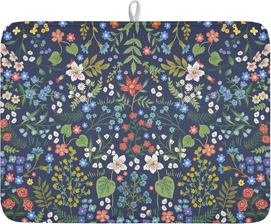 Flower Floral Dish Drying Mat 18x24 inch Microfiber Navy Blue Drying Mats with Hanging Loop Absorbent Green Leaves Dish Drainer Mat Reversible Flowers Drying Pad for Kitchen Counter Sink by Giwawa