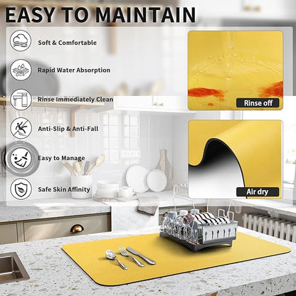 HotLive Dish Drying Mat for Kitchen Counter, Heat Resistant Drainer Mats with Non-slip Rubber Backed, Hide Stain Kitchen Super Absorbent Draining Mat, Easy to Clean Dish Rack Pad, Yellow 18"x24" - Image 4
