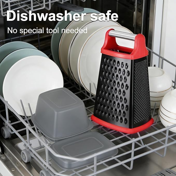 Ourokhome Cheese Grater with Handle, Stainless Steel Box Grater, 4 Side Kitchen Vegetable Shredder Slicer Zester with Container for Parmesan, Cabbage, Ginger, Lemon, Chocolate, Coconut (Red and Black) - Image 5