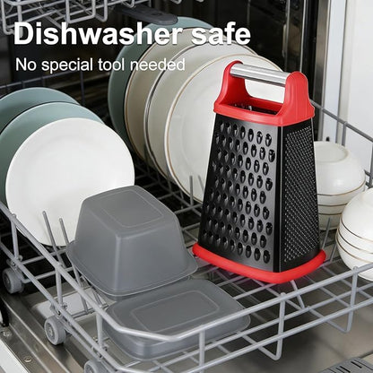Ourokhome Cheese Grater with Handle, Stainless Steel Box Grater, 4 Side Kitchen Vegetable Shredder Slicer Zester with Container for Parmesan, Cabbage, Ginger, Lemon, Chocolate, Coconut (Red and Black) - Image 5