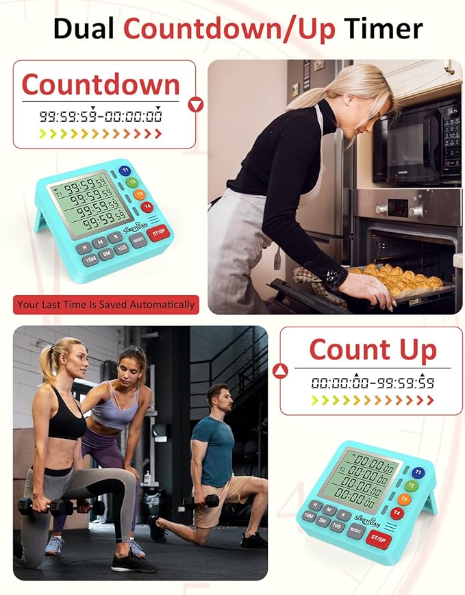 Digital Kitchen Timer for Cooking - 4 Channel Count Up Countdown Timer with Loud Alarm and Silent Mode, Large Display, Magnetic Back, Auto Memory for Classroom Study Gym, Battery Included (Mint Green) - Image 6