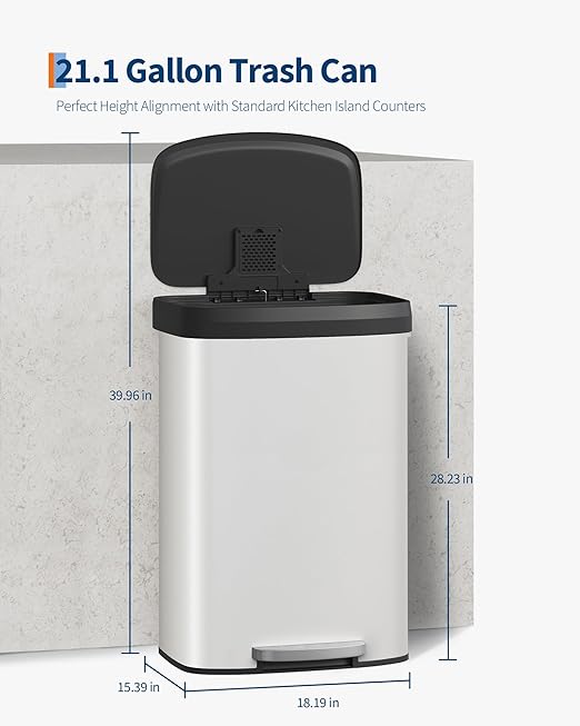 Garvee 21 gal / 80 L Metal Trash Can with Lid, Large Garbage Can for Kitchen, Rustproof Step-on Kitchen Metal Trash Bin with Liner Rim, Rear Handle, Soft Close Plastic Lid, White - Image 6