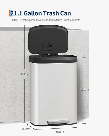 Garvee 21 gal / 80 L Metal Trash Can with Lid, Large Garbage Can for Kitchen, Rustproof Step-on Kitchen Metal Trash Bin with Liner Rim, Rear Handle, Soft Close Plastic Lid, White - Image 6