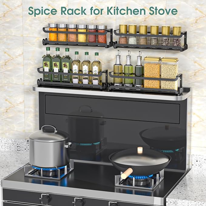 LUCYCAZ 4 Pack Wall Mounted Spice Rack with 16 Hooks, Spice Organizer Shelf for Stove Cabinet Pantry Door,Screw or Adhesive Spice Shelf Hanging Wall Spice Rack in Kitchen and RV (Black, 4 PACK) - Image 9