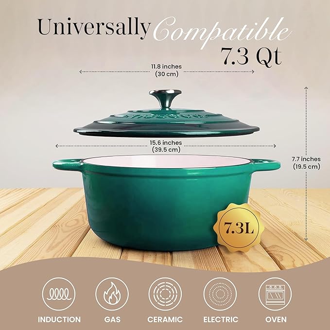 Cast Iron Dutch Oven with Lid – Non-Stick Ovenproof Enamelled Casserole Pot – Sturdy Dutch Oven Cookware – Dark Green, 7.3-Quart, 30cm – by Nuovva - Image 2