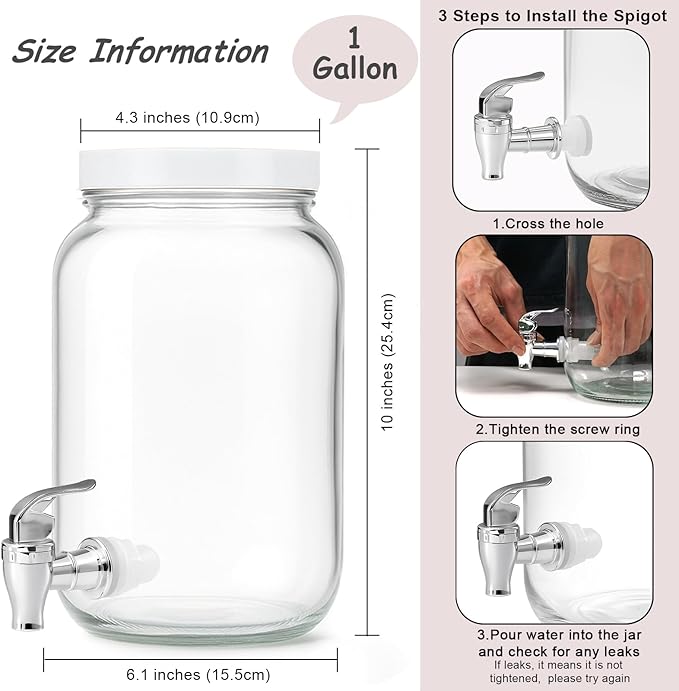 1 Gallon Large Glass Drink Dispensers for Parties, Glass Iced Beverage Dispensers with Spigot, Reusable Water Dispenser Countertop (2 Pack)