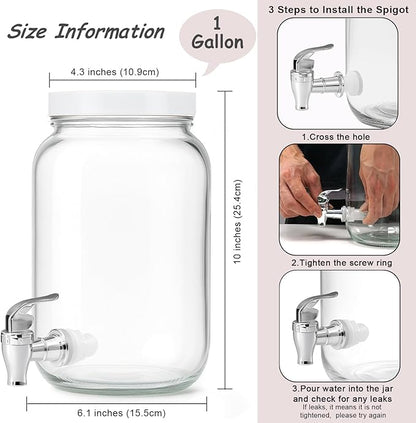 1 Gallon Large Glass Drink Dispensers for Parties, Glass Iced Beverage Dispensers with Spigot, Reusable Water Dispenser Countertop (2 Pack)
