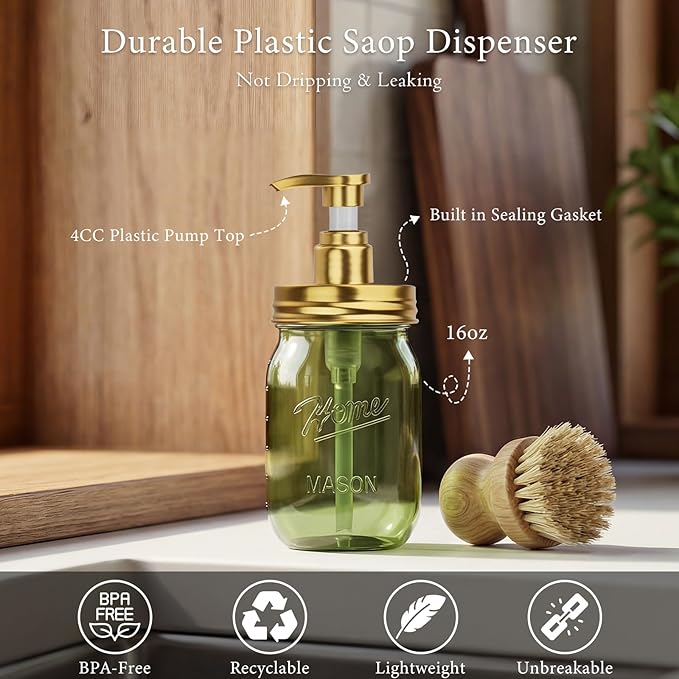 Amolliar Plastic Mason Jar Soap Dispenser with Pump Lid,16OZ Refillable Hand Soap Dispenser Set with Cute Lables - Farmhouse Decor for Kitchen Bathroom, Liquid Soap, Dish Soap, Lotion (2 Pack, Green) - Image 7
