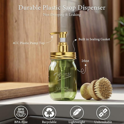 Amolliar Plastic Mason Jar Soap Dispenser with Pump Lid,16OZ Refillable Hand Soap Dispenser Set with Cute Lables - Farmhouse Decor for Kitchen Bathroom, Liquid Soap, Dish Soap, Lotion (2 Pack, Green) - Image 7