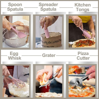 Silicone Cooking Kitchen Utensil Set, AIKKIL 43 Pcs Pink Cooking Utensils Set, Turner, Tongs, Spoon, Spatula, Kitchen Gadgets Tools Set For Nonstick Cookware, Heat Resistant (Dishwasher, BPA Free) - Image 5