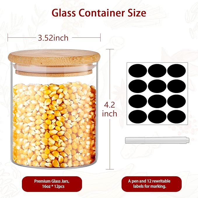 SLifeJars - Glass Jars with Bamboo Lids 16 oz, 12pcs Glass Food Storage Jars with Rewritable Labels, Bamboo Lid Jar for Kitchen Storage, Food Storage Containers with Lids for Herbs - Image 2