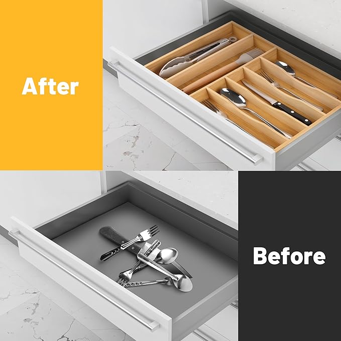 Kitchen Bamboo Silverware Organizer, Kitchen Drawer Organizer - Utensil Holder and Cutlery Tray with Grooved Drawer Dividers for Flatware 7 Slot, Natural - Image 2