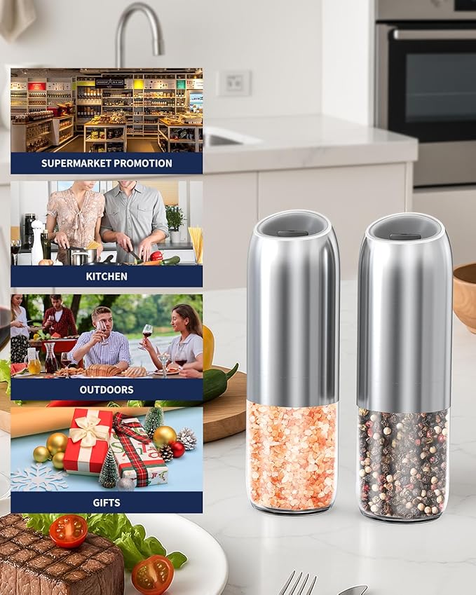 CIRCLE JOY Gravity Electric Salt and Pepper Grinder Set, Battery Powered Automatic Pepper Mills with Adjustable Coarseness, One Hand Operation, 176ml Large Container, Silver - Includes 8 Batteries - Image 9
