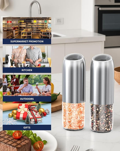 CIRCLE JOY Gravity Electric Salt and Pepper Grinder Set, Battery Powered Automatic Pepper Mills with Adjustable Coarseness, One Hand Operation, 176ml Large Container, Silver - Includes 8 Batteries - Image 9