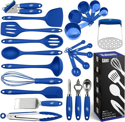 Kaluns Silicone Kitchen Utensils Set 24 Pcs Cooking Utensils Set - Can Opener, Masher, Turner, Spatula 446°F Heat Resistant Non-Stick - Premium Silicone and Stainless Steel Utensil Set