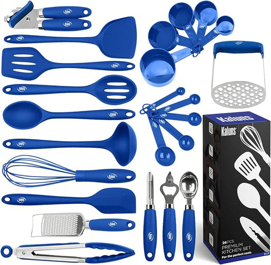 Kaluns Silicone Kitchen Utensils Set 24 Pcs Cooking Utensils Set - Can Opener, Masher, Turner, Spatula 446°F Heat Resistant Non-Stick - Premium Silicone and Stainless Steel Utensil Set
