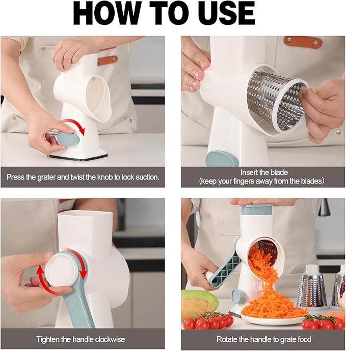 Cheese Grater Cheese Shredder with 3 Interchangeable Blades, Rotary Cheese Grater Manual Vegetable Slicer with Non-slip Suction Base Peanut Nuts Grinder Vegetable Shredder White - Image 8