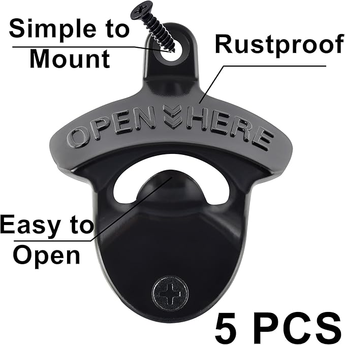 Black Bottle Top Opener Wall Mounted,Classic Open Here Beer Opener Mountable, Handy Post Mount Beer Cap Opener Gifts (5 PCS) - Image 2