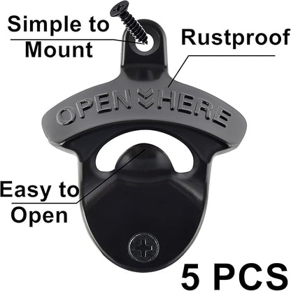 Black Bottle Top Opener Wall Mounted,Classic Open Here Beer Opener Mountable, Handy Post Mount Beer Cap Opener Gifts (5 PCS) - Image 2