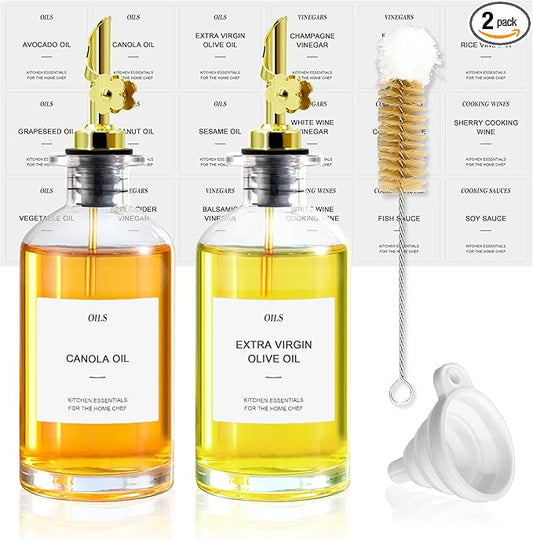 Olive Oil Dispenser Bottle for Kitchen - 350ml Glass Oil & Vinegar Cruet Set with Pour Spout (Set of 2) - Includes Cleaning Brush & Funnel - Leakproof Transparent Dispenser Bottles