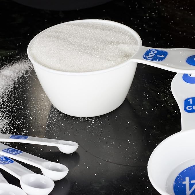 Chef Craft Select Plastic Measuring Cups, 1/4, 1/3, 1/2, and 1 cup, White and Blue - Image 3