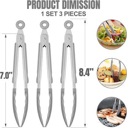 Hotec Mini Silicone Kitchen Tongs for Cooking - 7-Inch Small Serving Tongs with Silicone Tips, Set of 3 (Grey) - Image 2