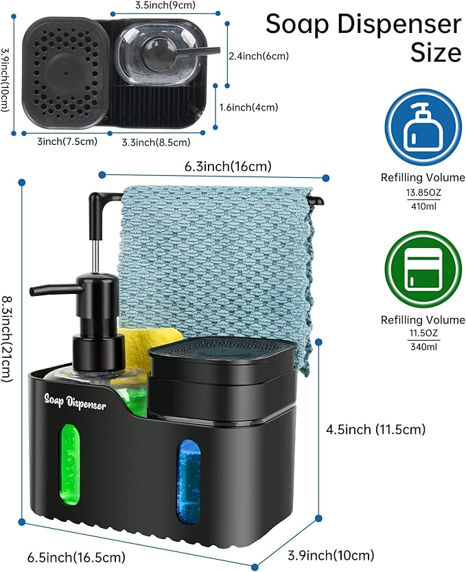 Hand Soap and Dish Soap Dispenser Set for Kitchen, Dual Soap Dispenser with Sponge Holder and Dishcloth Holder 4-in-1 Organizer for Kitchen Sink Countertop, Useful Kitchen Gadgets (Black) - Image 7