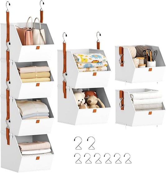 Homsorout Hanging Closet Organizer 4 Tier - Clothes Hanging Shelves, Space-Saving Closet System, Fabric Storage Bins Bedroom Organization, Collapsible Baskets for Home, Dorm, Rv, White