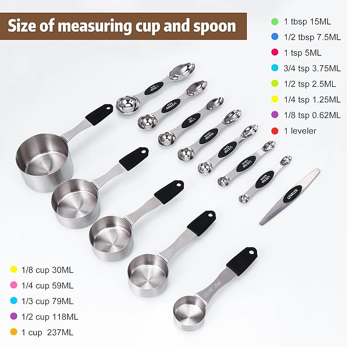 Magnetic Measuring cups and spoons Set, 5 Stainless Steel Magnetic Measuring Cup and 8 Double Sided Measuring Spoons with 1 Leveler，Kitchen Gadgets for Cooking & Baking - Image 2
