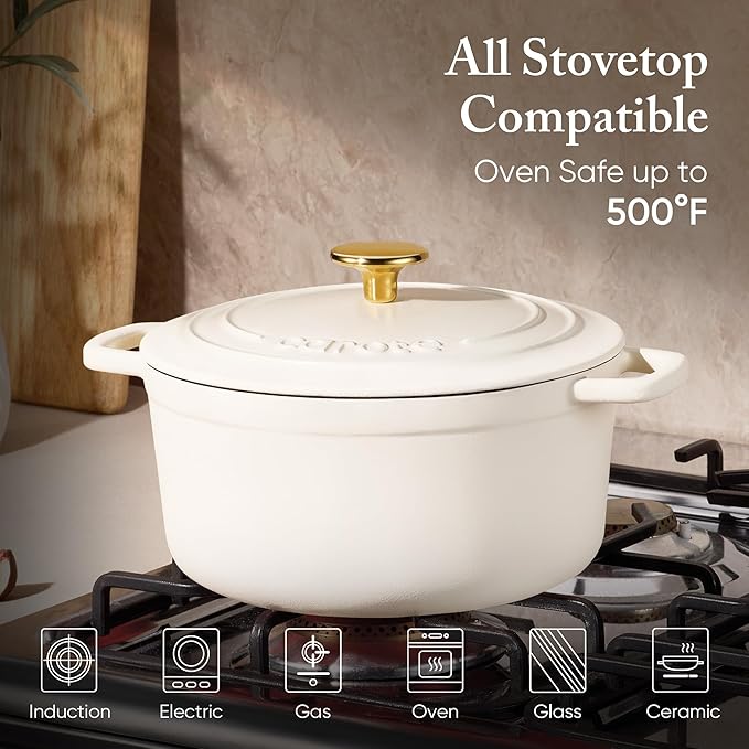 CAROTE 7QT Enameled Cast Iron Dutch Oven Pot with Lid, Heavy-Duty Dutch Ovens for Sourdough Bread Baking, Braising, Stews, Roasting, Healthy & Non-Toxic, Dual Handles, All Stovetop Compatible, Oven Safe up to 500° F, Cream White - Image 3