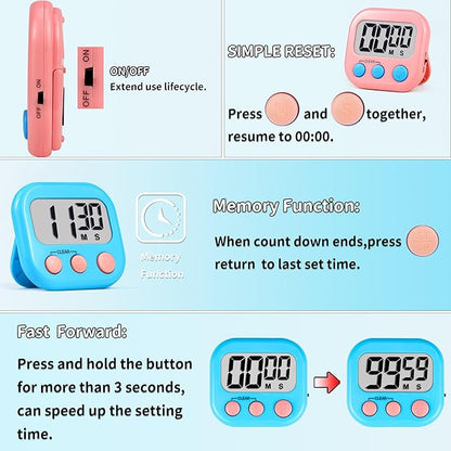 Timer for Kids Teachers Digital Kitchen Timers for Cooking Large Magnetic Classroom Timer 4Pack-Blue Pink