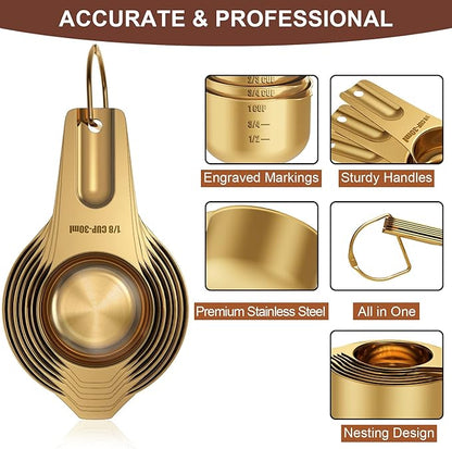 Wildone Copper Plated Measuring Cups & Spoons Set of 21 - Includes 7 Stainless Steel Nesting Measuring Cups, 8 Measuring Spoons, 1 Leveler & 5 Mini Measuring Spoons, Ideal for Dry & Liquid Ingredients