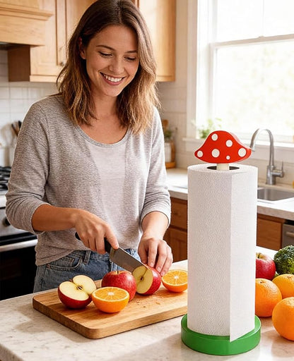 Modern Wooden Paper Towel Holder Stand - Beautiful Mushroom Design with Anti-Skid Base, Easy No-Tool Assembly for Kitchen Countertop, Bathroom, Office - Natural Home Decor