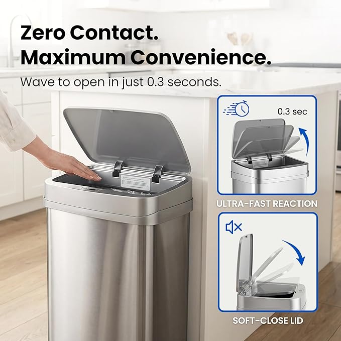 Ninestars 13 Gallon Odor Neutralizing Smart Trash Can, UV + Ozone Dual Purification, Odor Control Motion Sensor Garbage Bin, Universal Power Adapter, ONT-50-81SL Stainless Steel, Silver, Nova Series - Image 3