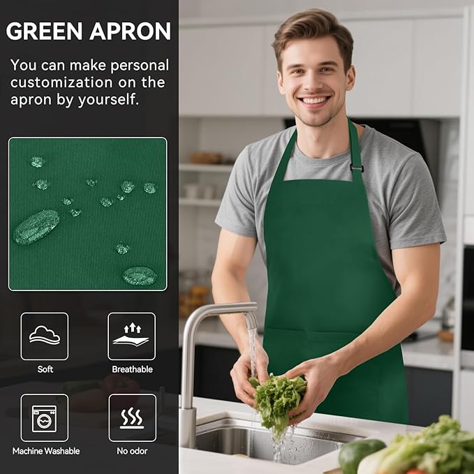 NLUS 2 Pack Kitchen Aprons with 2 Pockets for Women Men, Chef Aprons for Baking BBQ Cooking, Green - Image 2